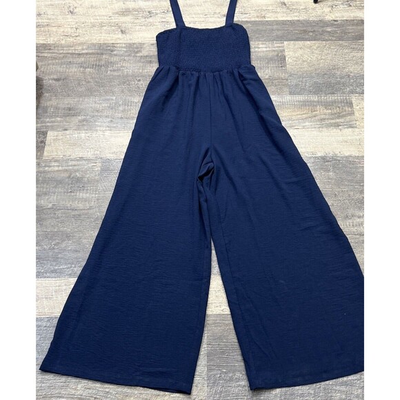 Wide Leg Jumpsuit Overall Strap Solid Blue Pant Jumper Size Large - Picture 14 of 14